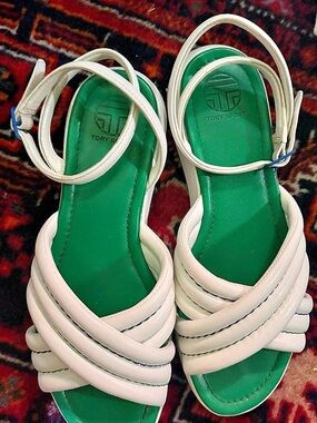 Tory Sport Strappy Sandals in White & Green